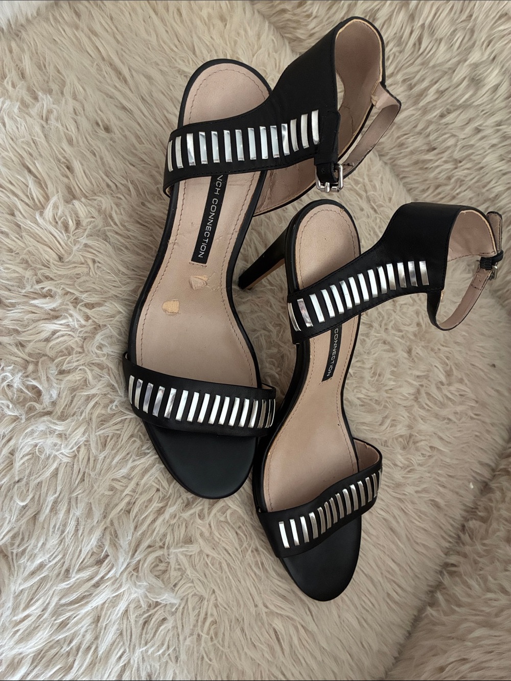 French Connection Black Heeled Sandals with Silver Accents